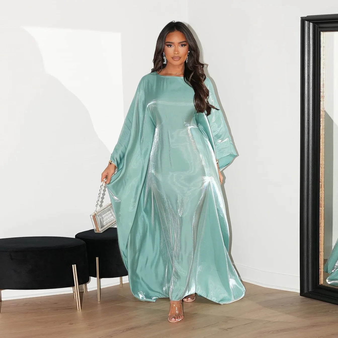 Batwing Butterfly Sleeve Satin Dress Abaya Dubai Muslim Maxi Dress Kaftan Abayas for Women Kebaya Caftan Robe Femme Vestidos