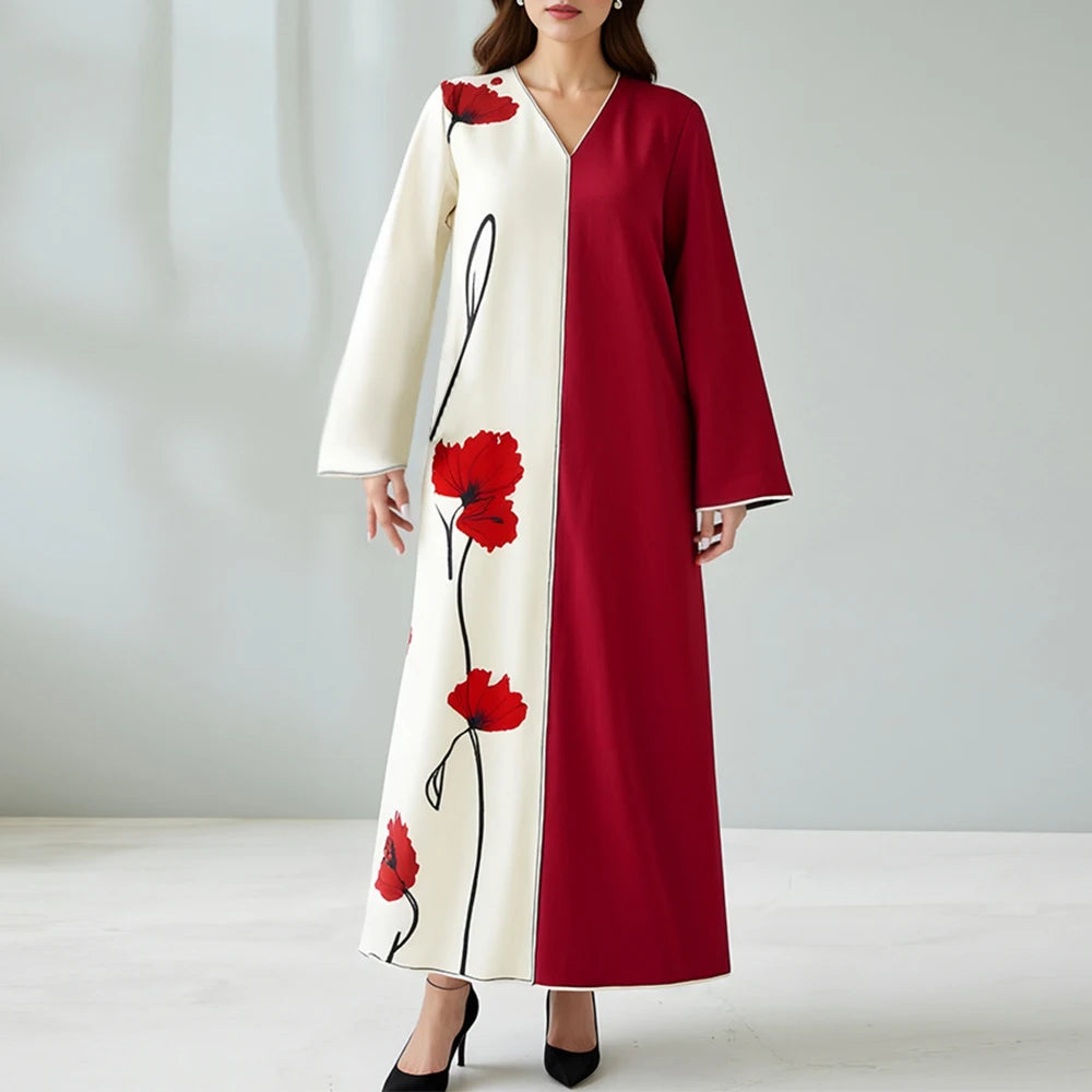 Rafiah Summer Dress 2025 Floral Patchwork Women's Fashion Long Sleeve V-Neck A-Line Maxi Dating Arabian Dress