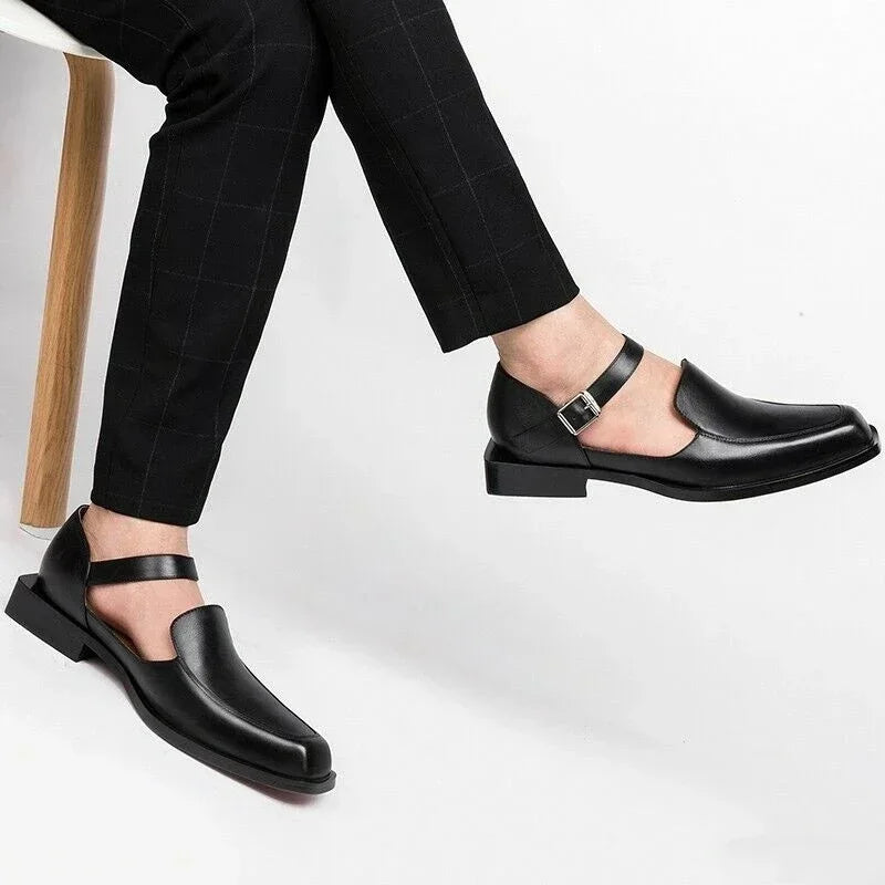 Black Men Summer Sandals – PU Leather Square-Toe Dress Shoes with Buckle Strap (EU 38–48)