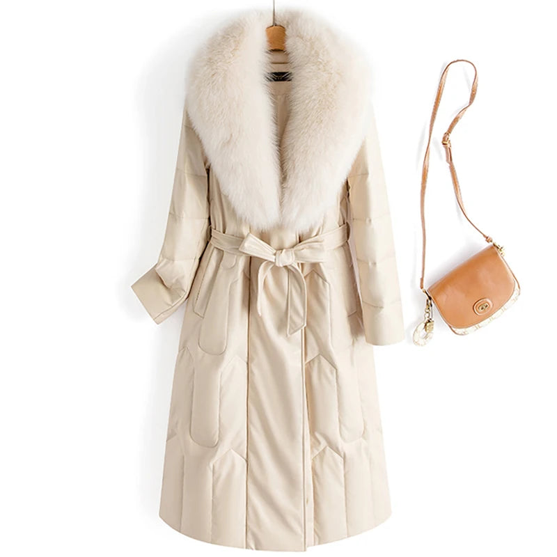 New Women Winter Leather Down Coat Fashion Real Fox Fur Collar Slim Waist Long Leather Coat Casual Thick Warm Overcoat