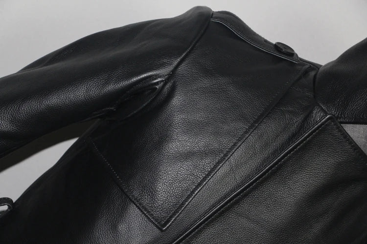 Men's Leather Trench Coat, Genuine Cowhide, Double Breasted, Extended Length Trench Long Coat Windproof Belt, Autumn Winter,6XL