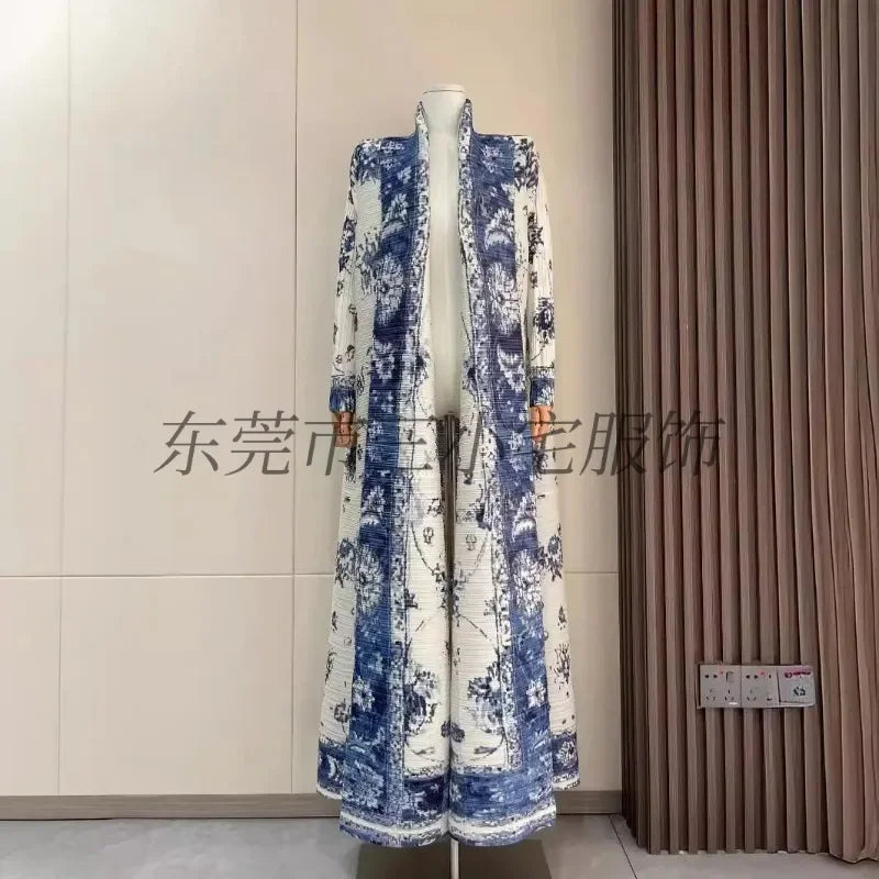 KAF Pleated Large Size Women Trench Coat 2024 Spring and Autumn New Vintage Printed Design Luxury Female Coat Arabian Abaya