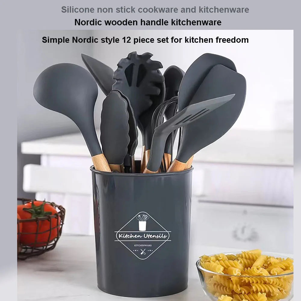 12Pcs Silicone Kitchen Utensils Cooking Wooden Handle Non Stick Pot Kitchenware Set Storage Bucket Silicone Kitchen Utensils