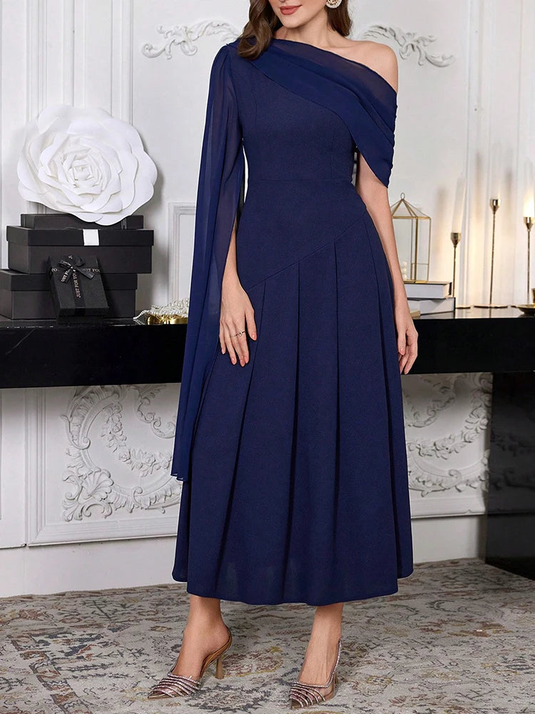 Rafiah Dresses 2025 Woman K-FashionSolid Color Casual Long Monochrome Dress with Asymmetrical Shoulder for Women's Daily Wear