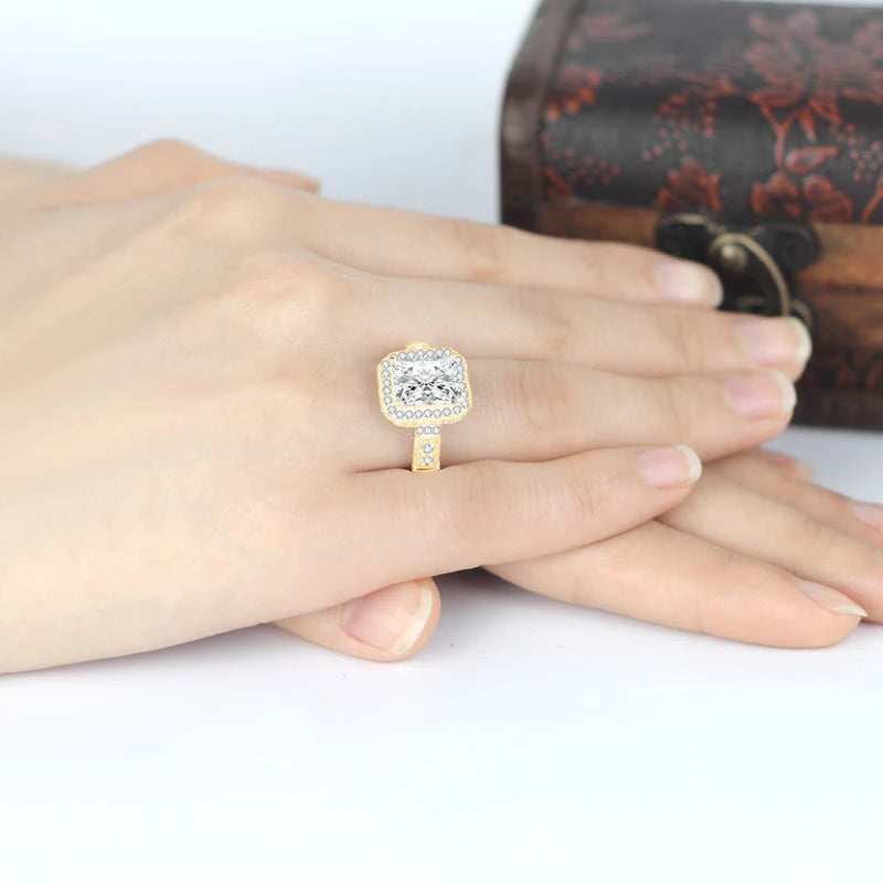 Lnngy Pure 10K Yellow Gold Wedding Bands Radiant Cut 8*10mm Moissanite Engagement Ring for Women Exquisite Finger Jewelry Gift