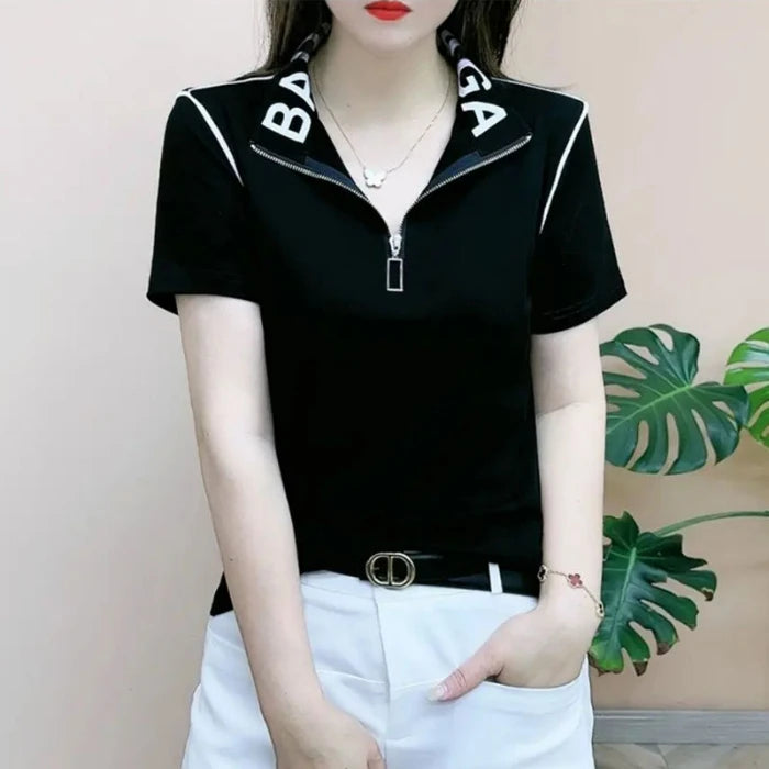 ort Sve T-irt Women's Summer New Faion irt Zipper Collar Mom's Clothes Anti-Aging Base Layer Top Polyester Fiber