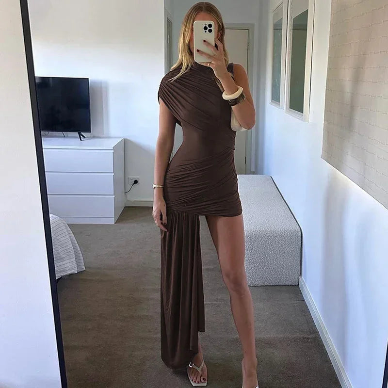 Women's Sleeveless Irregular Draped Ruched Bodycon Party Dress – Elegant Slim Fit, Floor-Length