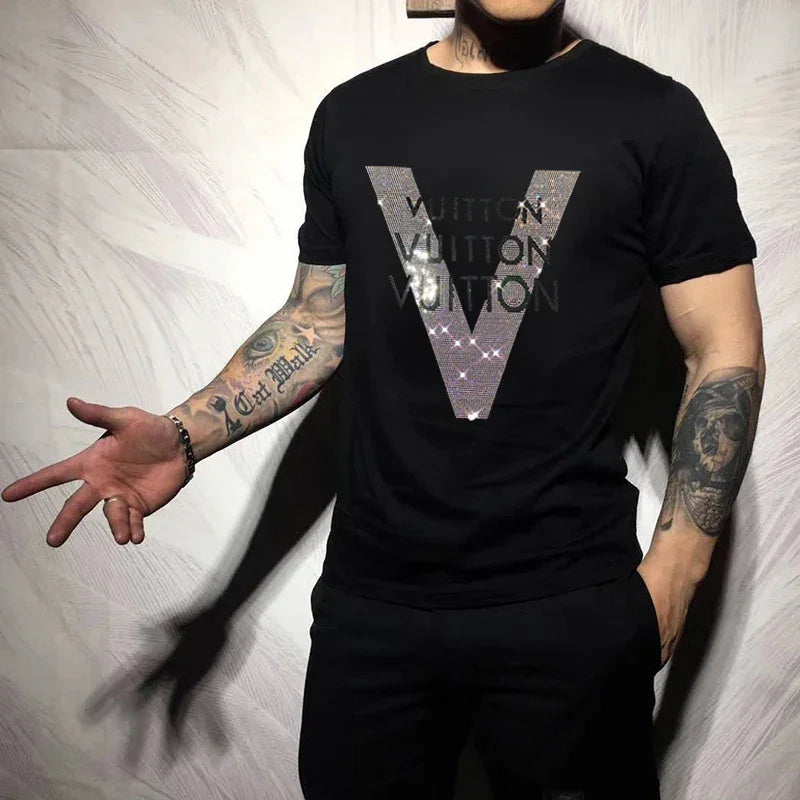 2025 Men's V-Pattern Rhinestone T-Shirt – Short Sleeve Mercerized Cotton Top
