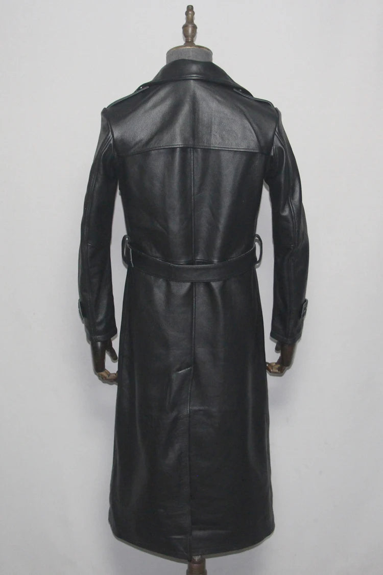 Men's Leather Trench Coat, Genuine Cowhide, Double Breasted, Extended Length Trench Long Coat Windproof Belt, Autumn Winter,6XL