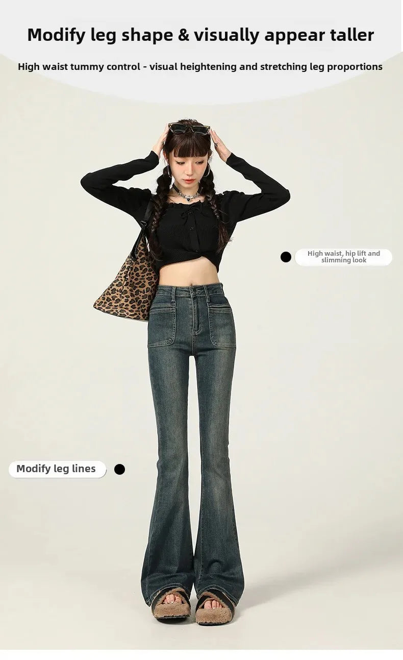 American Style Vintage Jeans Women's Slim Fit High Street Bootcut Pants 2024 Autumn Winter Slimming Petite Bootcut Trousers