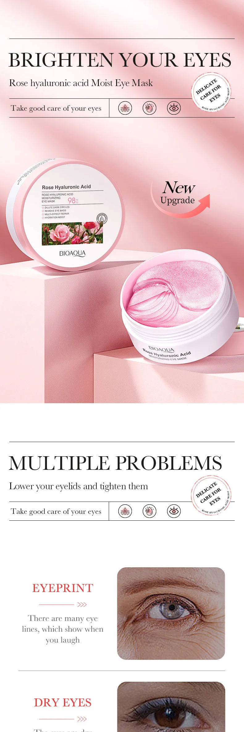 60pcs BIOAQUA Rose Hyaluronic Acid Eye Mask Anti Dark Circles Eye Bags Moisturizing Firming Eye Patches Skin Care Products