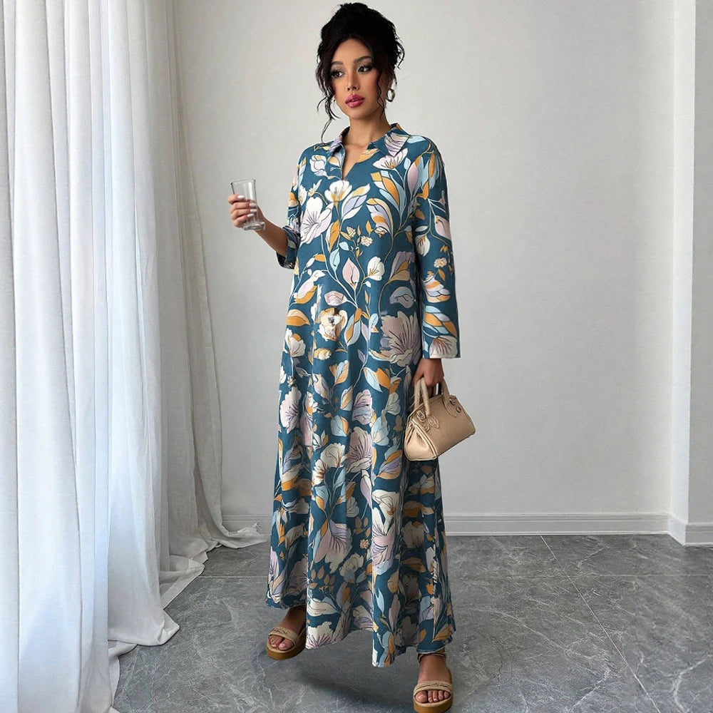 Plus Size Rafiah Women's Summer Arabian Dress 2025 Botanical Print A-Line Long Sleeve Lapel Draped Long Dress
