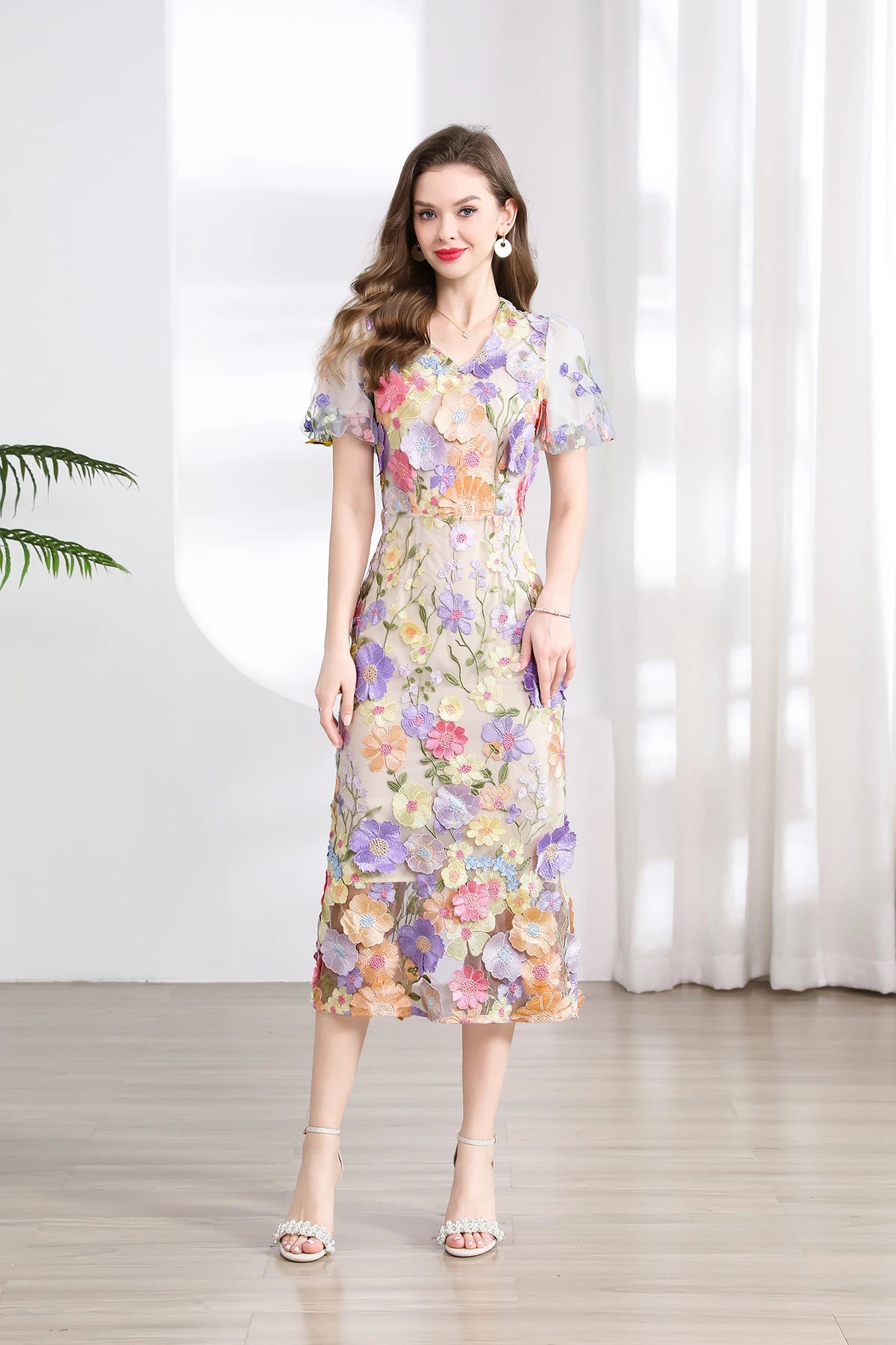 Summer High-end Embroidery Lace Prom Dress Women French Luxury 3D Flower Short Sleeve Long Dress Party Bodycon Holiday Vestido
