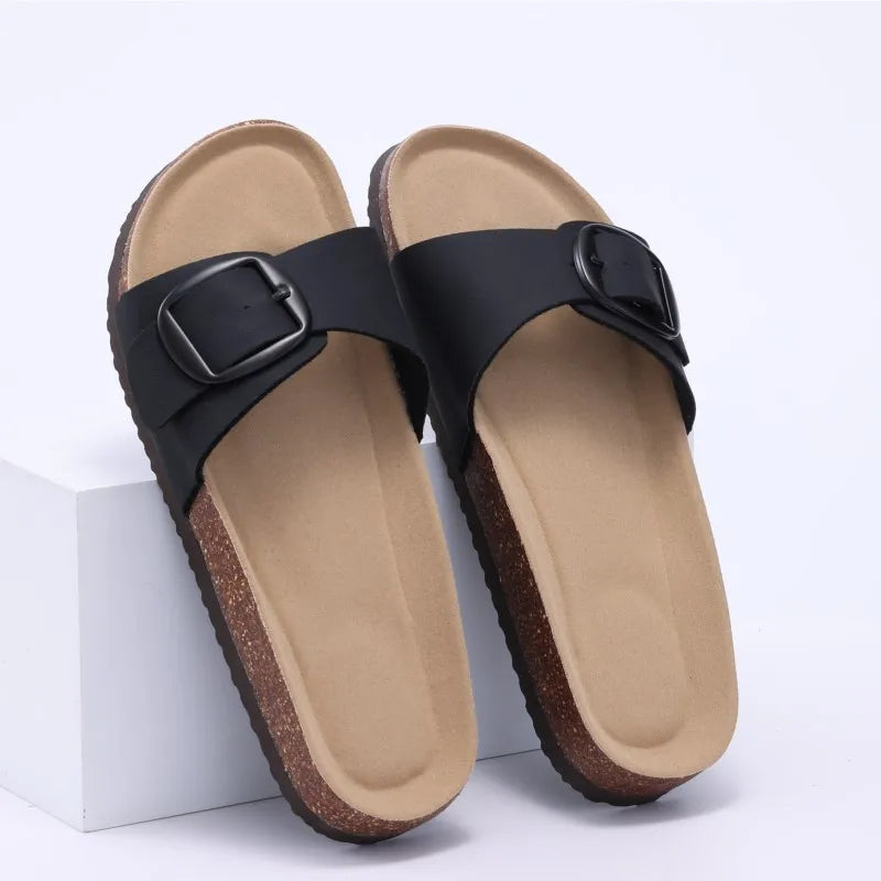 Crestar Women's Summer Cork Slippers 2025 New Outdoor Beach Flip Flops Fashion Leather Orthopedic Sandals With Adjustable Buckle