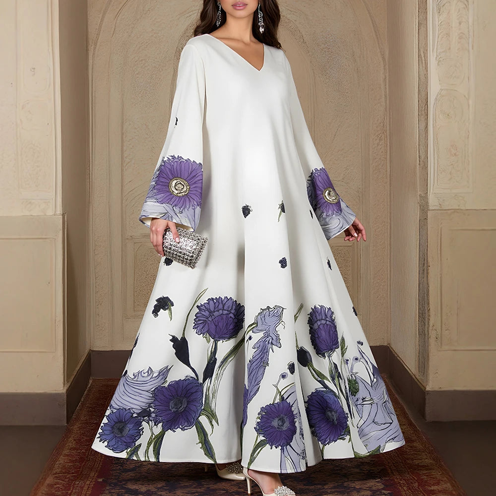 Rafiah Women's Dresses Summer Fashion Elegant 2025 Floral Cultural Long Sleeve V-Neck A-Line Vacation Long Dress