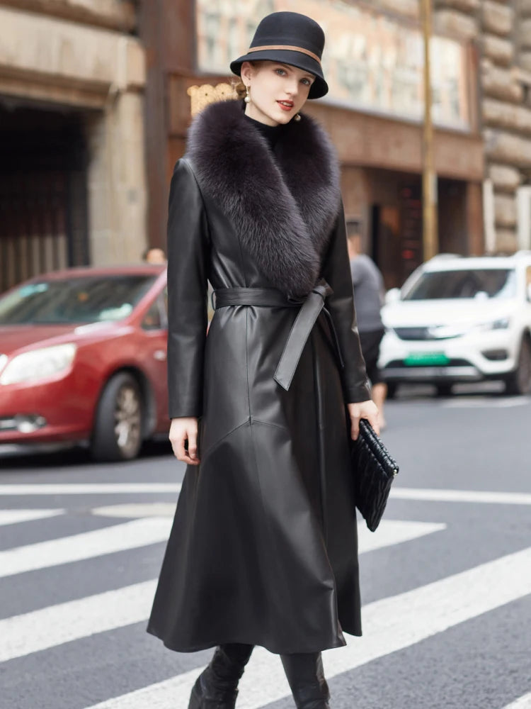 YOLANFAIRY Genuine Leather Down Jacket for Women Elegant Long Coat Women's Winter Jacket Slim Fox Fur Collar Sheepskin Clothes