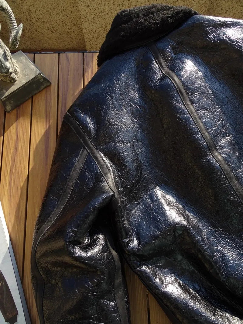 Mens Oil Waxed Sheepskin Motorcycle Short Coat Lapel Winter Real Fur Jackets Warm Wool Lining Genuine Leather Pilot Jacket Male