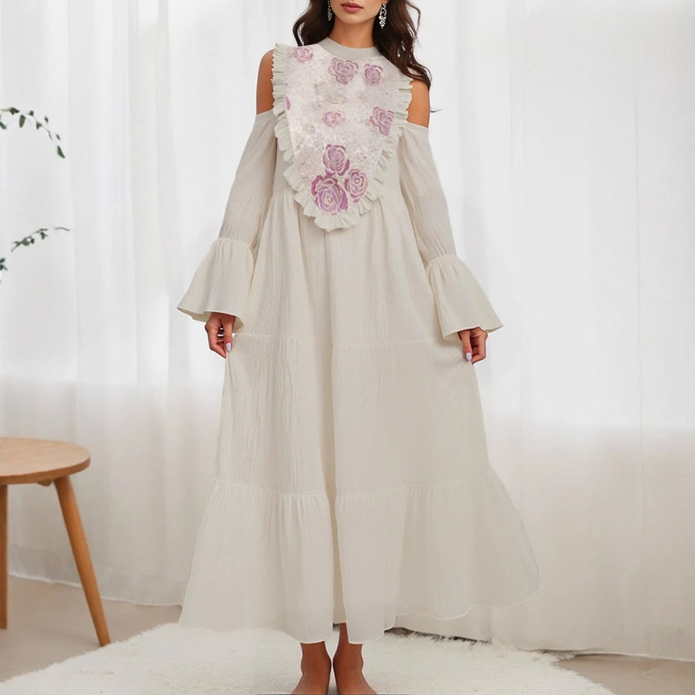 Rafiah Autumn Arabian Long Dress 2025 Cute Chic Flounce Floral Flare Sleeve Mock Neck A-Line Long Dress For Women
