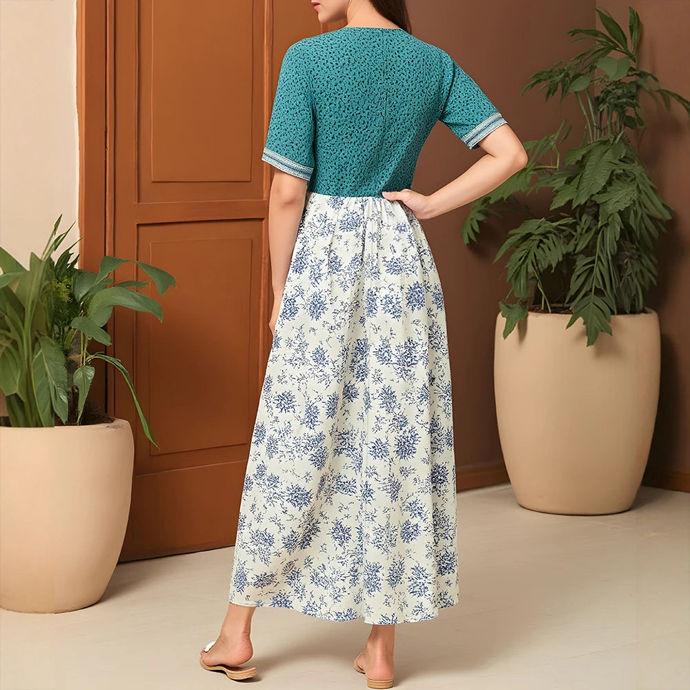 Rafiah Women's Dresses Summer Fashion Elegant 2025 Floral Cultural Short Sleeve Round Neck A-Line Midi Vacation Long Dress