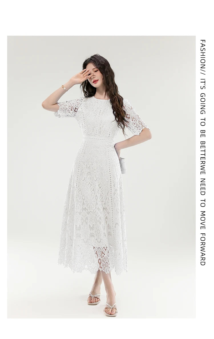 2025 New Summer French Elegant Fashion Evening Dress Women Lace Hollow Out Crochet Party Dress Casual Chic Holidays Clothing