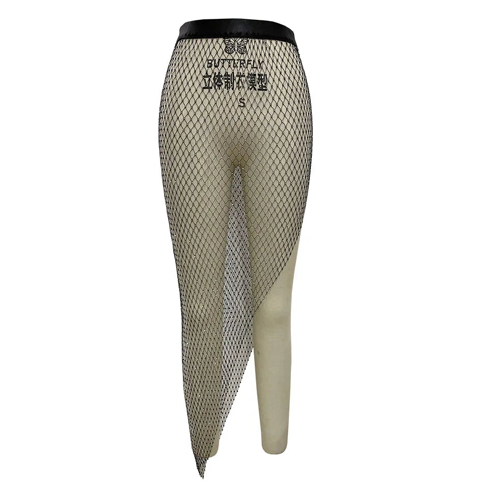 Shiny Crystal Mesh Hollow Split Loose Skirt – Sexy Rhinestone Party Skirt