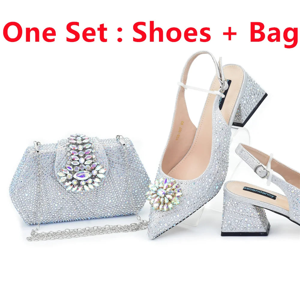 Elegant Baldauren Women’s Italian-Style Pointed Toe Slingback Pumps with Crystal Rhinestones & Matching Bag – African Party & Wedding Set (Sizes 37-43)