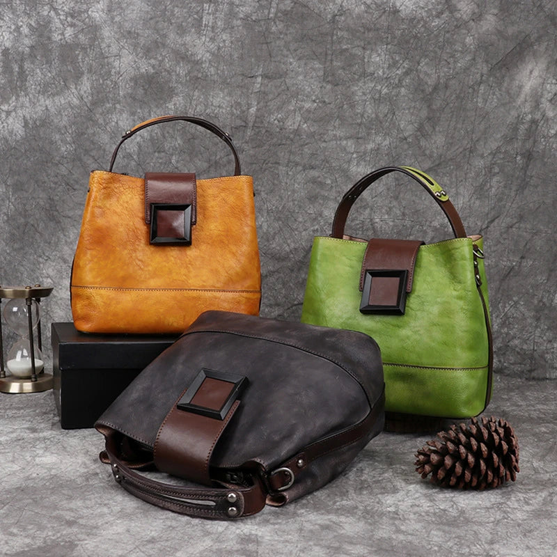 MOTAORA Women's Vintage Bucket Bag Genuine Top-Grain Leather Handmade Purse Luxury Designer Casual Office Travel Shoulder Bag