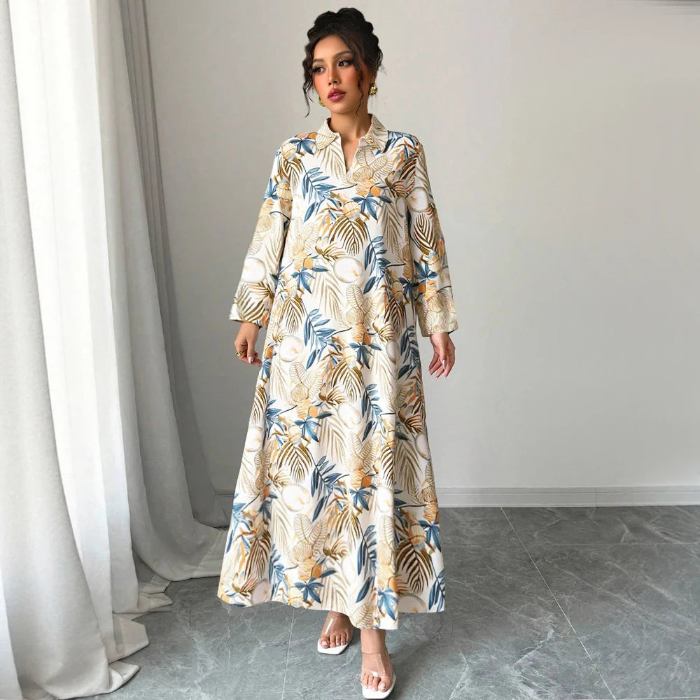 Rafiah Women's Summer Long Dress 2025 Arabian Dress Modest Fashion Long Sleeve V-Neck A-Line Maxi Full Print Casual Dress