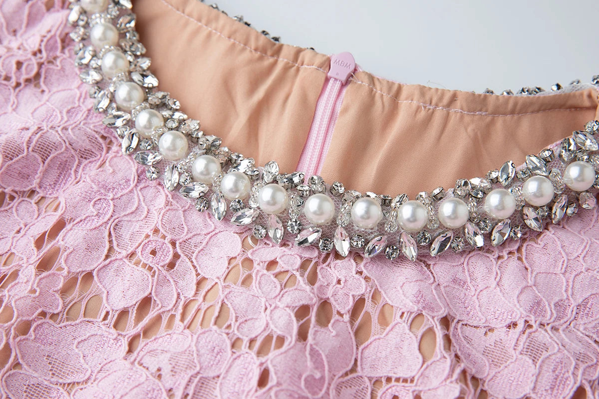 Luxury Eyelash Lace Mid-Calf Party Dress – Women’s Summer Short Sleeve A-Line with Crystal Beading, Hollow-Out Design – Pink Bridesmaid & Prom Gown