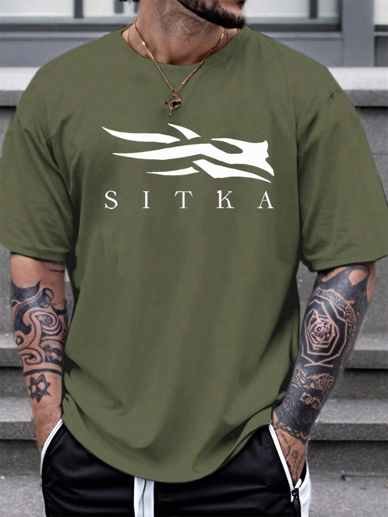 Men's summer 100 cotton fashionable casual sports loose SITKA letter pattern printed round neck short sleeved T-shirt top