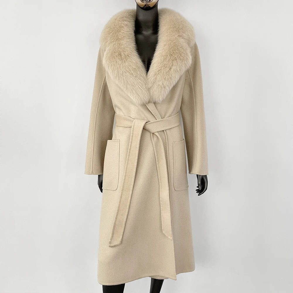 GENHUA 2025 New Casual Fur Coat for Ladies Winter Wool Long Fur Ladies Natural Real Fox Fur Collar Jacket for Ladies Warm Coat