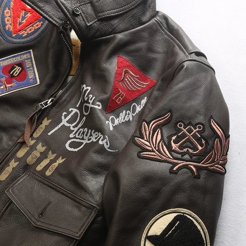 Super Fast Shipping G1 Pilot Jacket Men Removable Hair Collar Genuine Cowhide Vintage Embroidered Label Casual Leather coat TOP