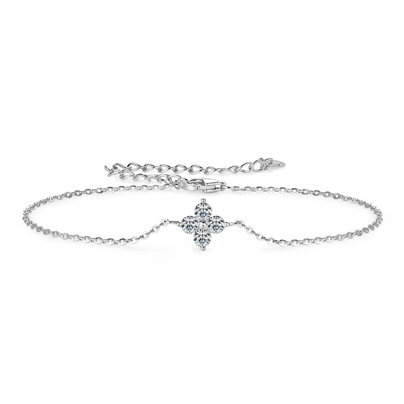 Lnngy Moissanite Four Leaf Flower Chain Bracelet for Women 925 Sterling Silver Niche Simple Desgin Bracelets Jewelry Accessories