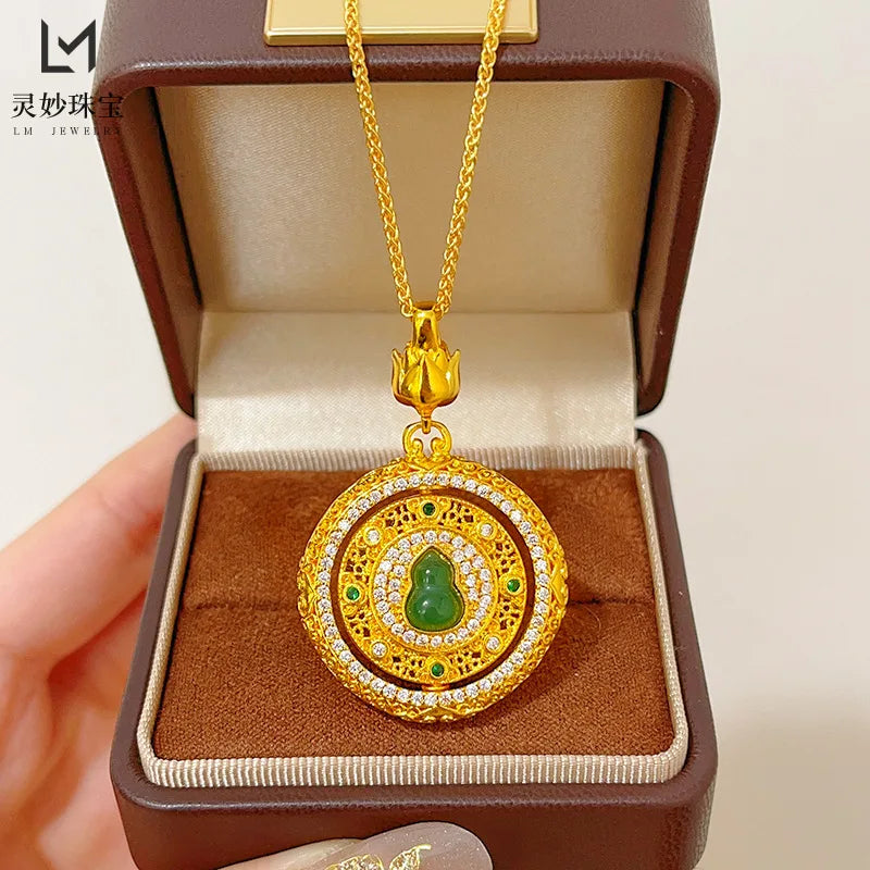 Women's 24K Gold Rotatable Hollow Pendant, AU999 | Distressed hollow-texture, rustic elegance for everyday grace.