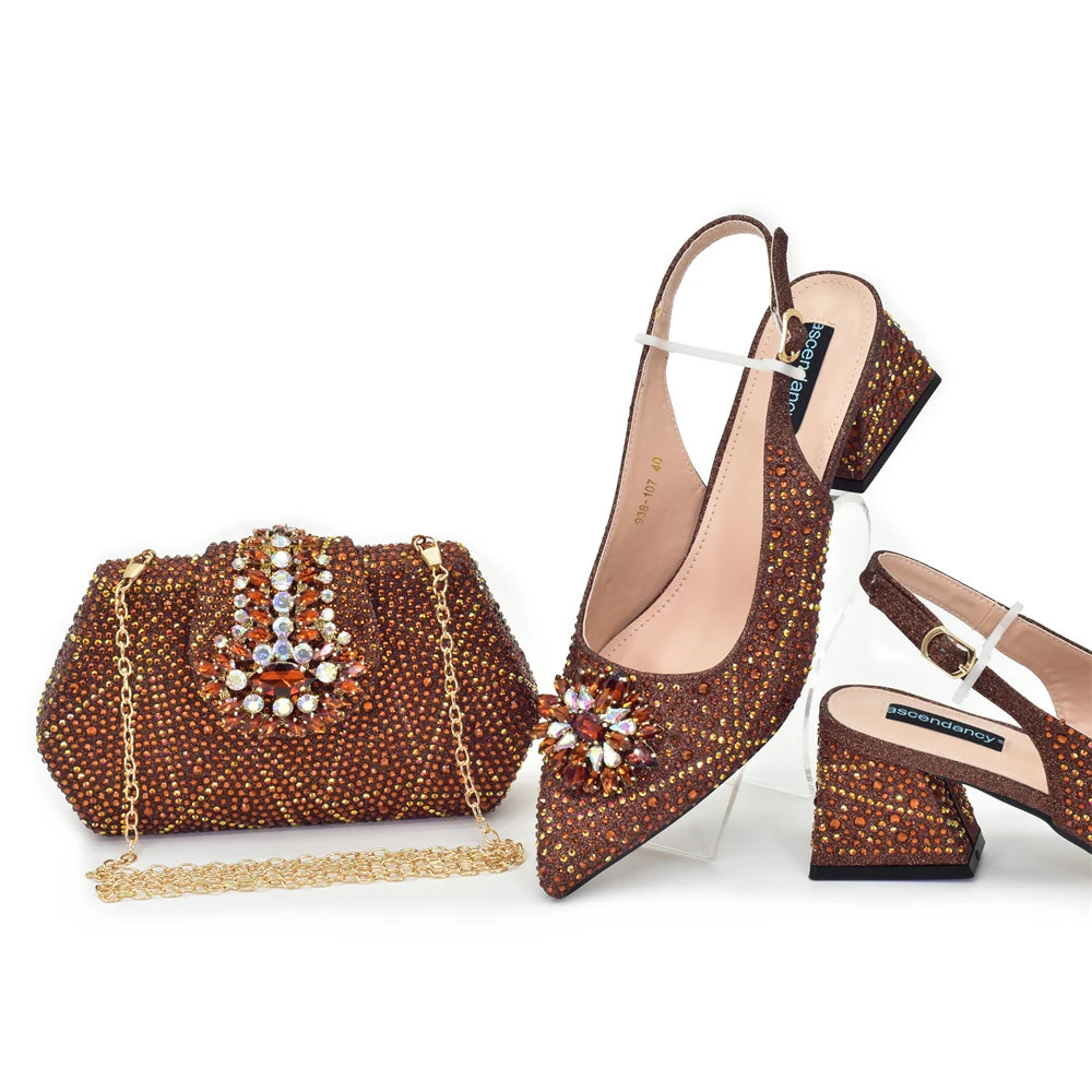 Elegant Baldauren Women’s Italian-Style Pointed Toe Slingback Pumps with Crystal Rhinestones & Matching Bag – African Party & Wedding Set (Sizes 37-43)
