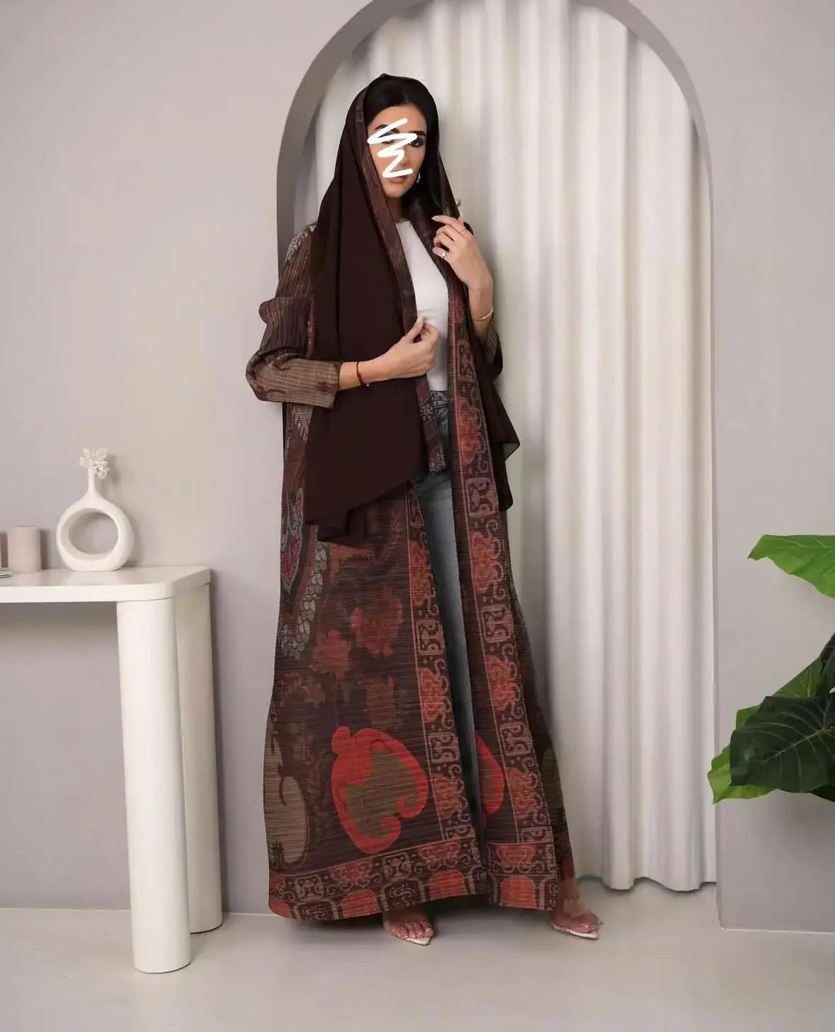 KAF Pleated Women Trench Coat Vintage Printed Cardigan Design Loose Plus Size Women Long Dress Dubai Female Luxury Abaya 2024