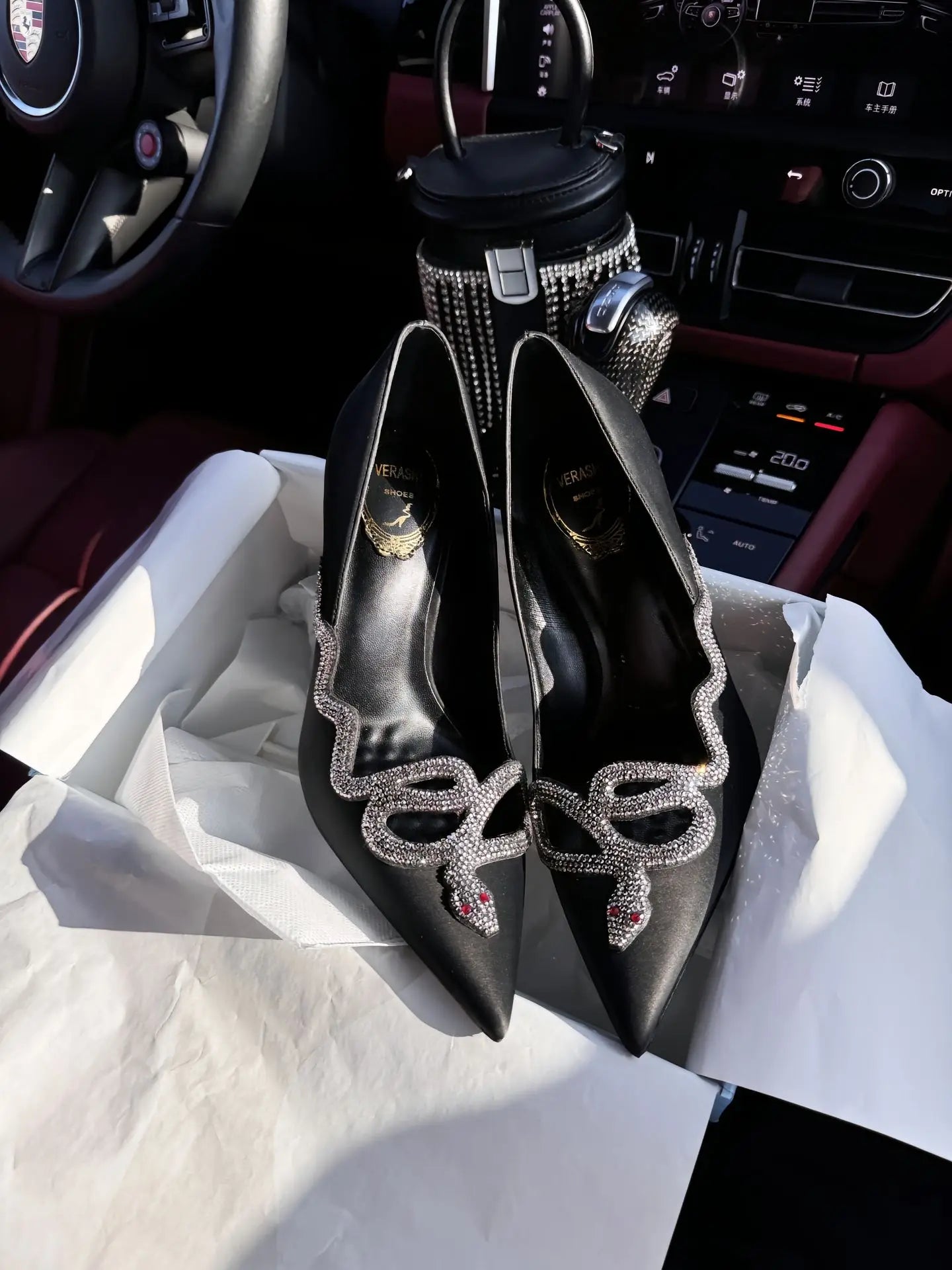 Silver Crystal Snake Wrapped Point Toe Pumps Women Elegant Bling Sole Stilettos Summer Fashion Office Ladies Chic Banquet Pumps