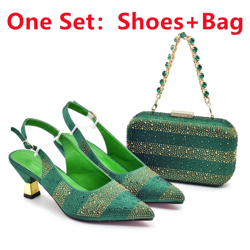 African Shoe and Bags Set for Wedding Women Shoes and Bags To Match Set with Rhinestone Italy Lady Pumps Women Shoes Luxury