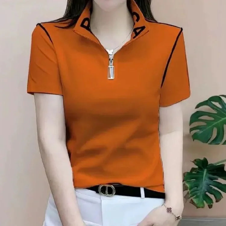 ort Sve T-irt Women's Summer New Faion irt Zipper Collar Mom's Clothes Anti-Aging Base Layer Top Polyester Fiber