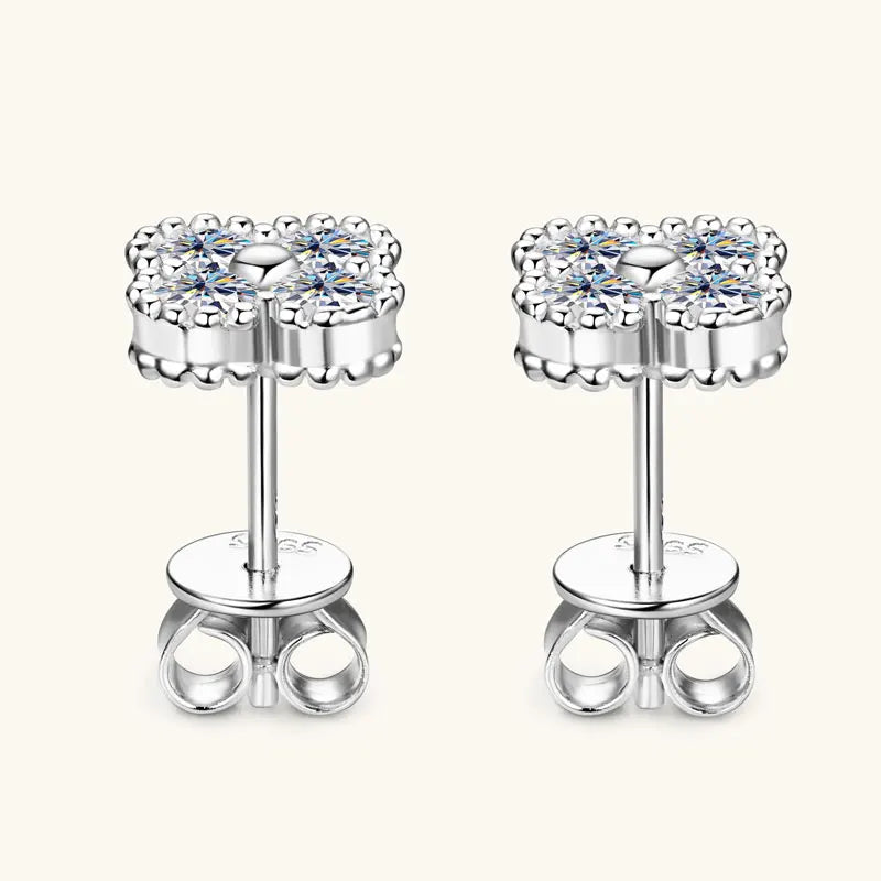 Lnngy 925 Certified Silver Chains Four Leaf Flower Pendant Necklaces 3mm 0.1ct Moissanite Necklace Stud Earring Jewelry Set