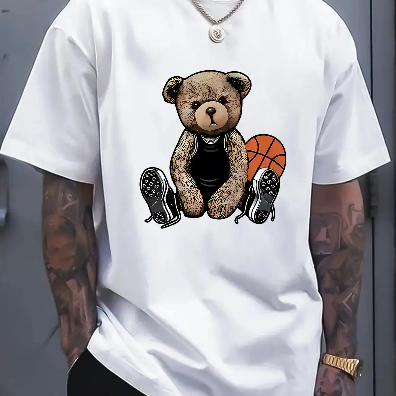 Men's summer 100 cotton fashionable casual sports loose and fun basketball bear pattern printed round neck short sleeved T-shirt