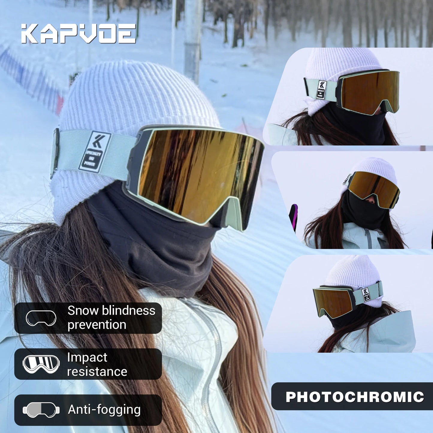 KAPVOE Photochromic Ski Snowboard Mask Goggle Men UV400 Protection Women Glasses Magnetic Attraction Anti-Fog Skiing Goggles