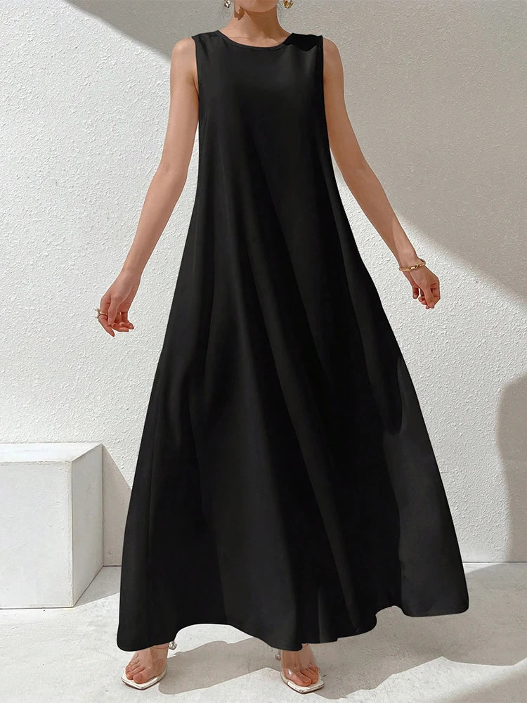Rafiah Ramadan Women's Solid Color Dress with Round Neck Sleeveless Loose Fit in Casual Arabic Style 2025 Arabian Long Dress