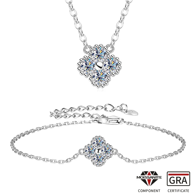 RAPRGOLD GRA Moissanite Four Clover Flower Charm Pendant Necklace Bracelet Set for Women S925 Sterling Silver Fine Jewelry Gifts