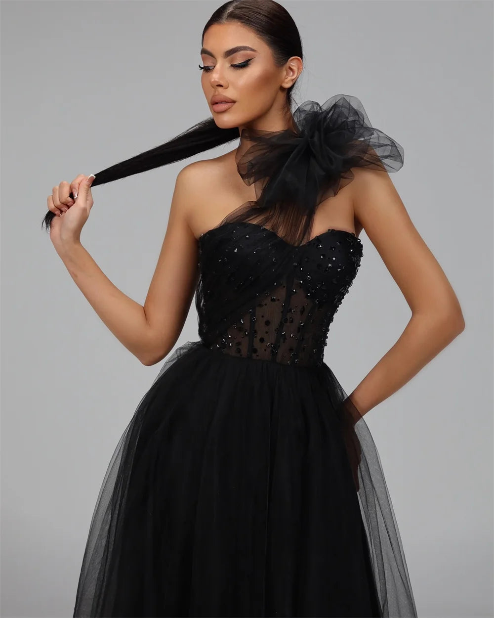 Mila One Shoulder Bow Ball Gown Tulle Evening Dresses Floor-Length Cut-out Party Dresses Empire Waist Customized Prom Dresses