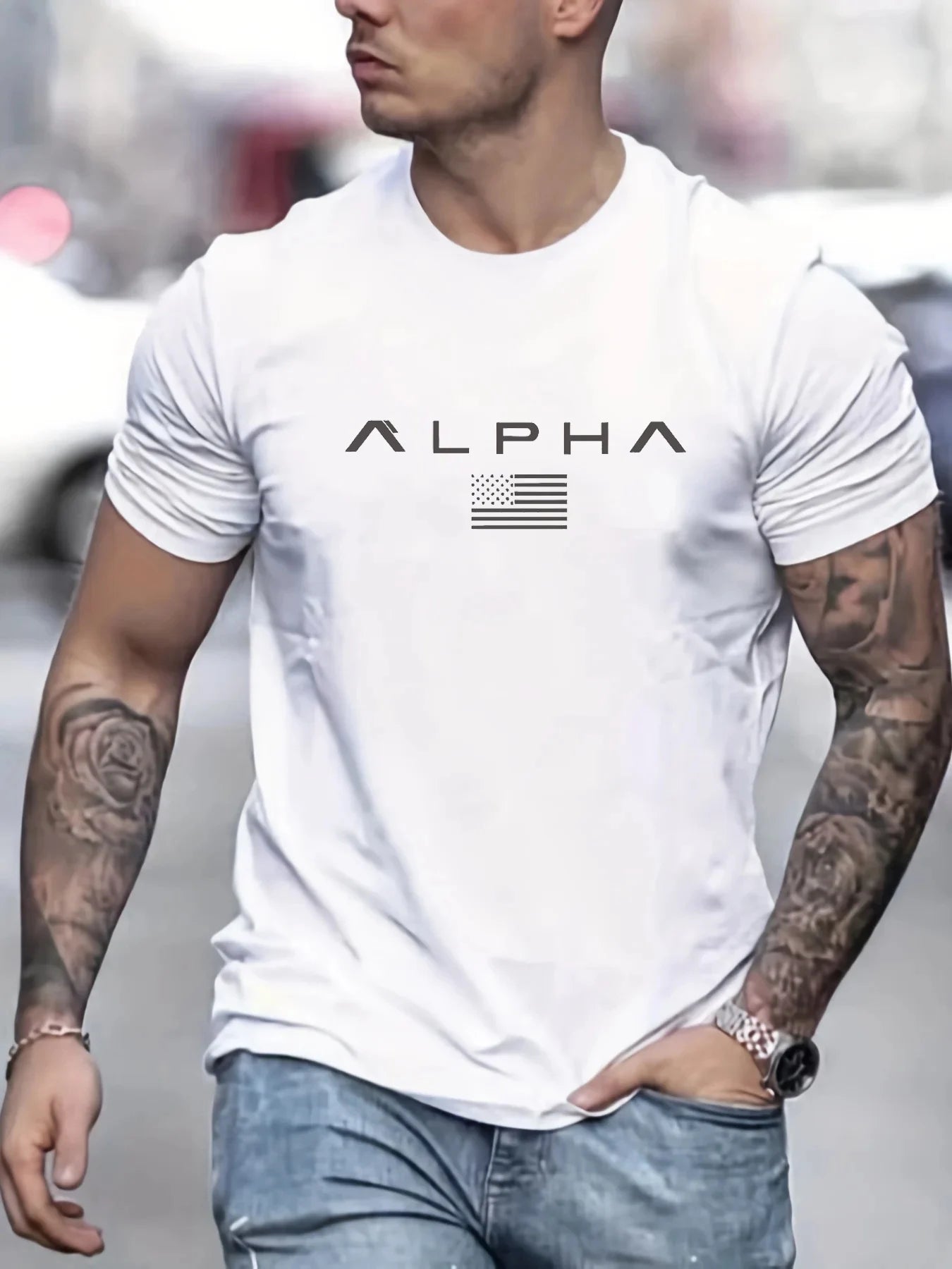 Men's summer 100 cotton ALPHA printed loose solid color multi-color optional sports round neck short sleeved T-shirt top