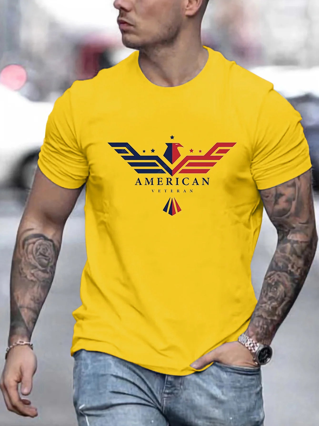 Men’s Summer 100% Cotton Bald Eagle USA Print T-Shirt