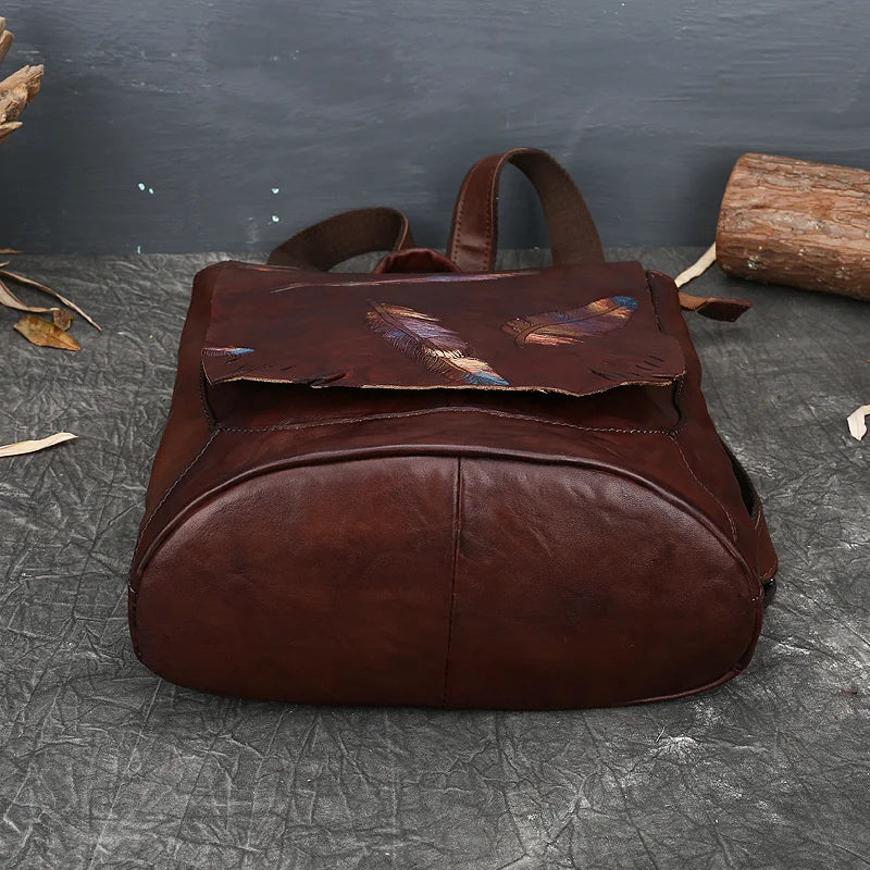 MOTAORA Luxury Genuine Leather Backpack for Women Vintage Embossed Cowhide Shoulder Bag Feather Design Leisure Purse Ladies