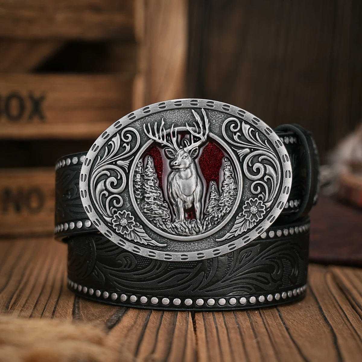 Men - Women - Western Denim - pu leather - Belt - Vintage jeans with floral carved buckle belt
