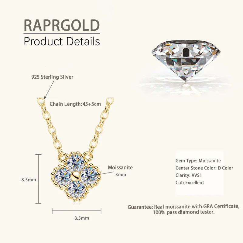 RAPRGOLD GRA Moissanite Four Clover Flower Charm Pendant Necklace Bracelet Set for Women S925 Sterling Silver Fine Jewelry Gifts